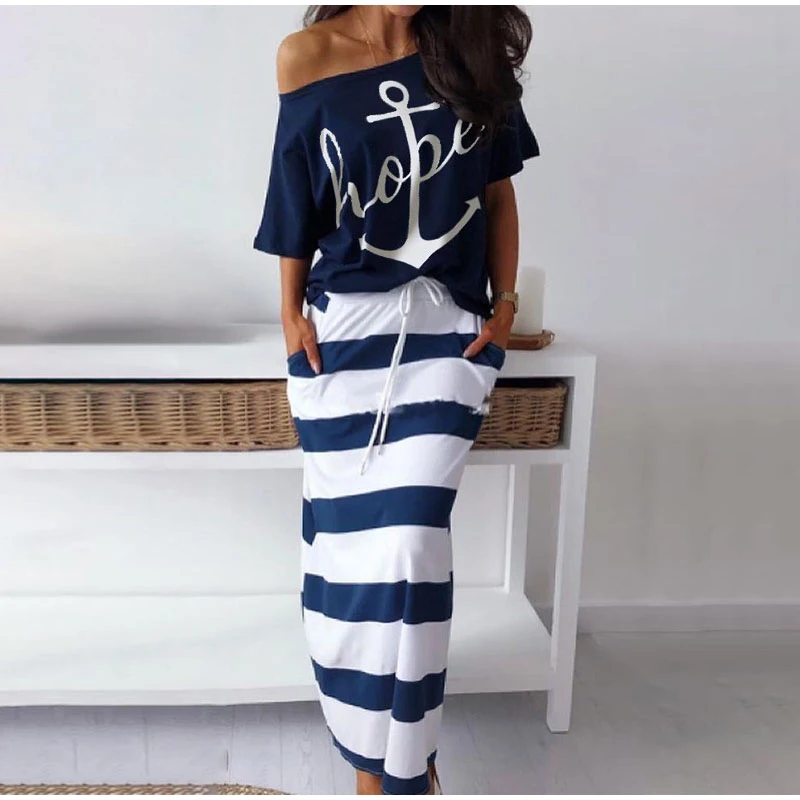 Women Two Piece Sets Dress Boat Anchor Print Sexy Off Shoulder Shirts Striped Dress Sets Ankle-Length Dress Summer Casual Outfit