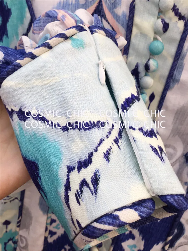Cosmicchic фонарь с длинным рукавом Бохо льняное короткое платье со стоячим воротником принт рюшами Русалка мини сексуальное винтажное подиумное вечернее платье