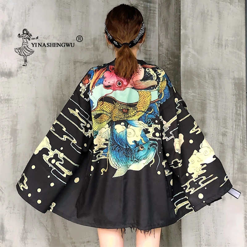 Yukata женский японский кимоно кардиган с принтом дракона рубашка с длинными рукавами Повседневные кимоно Femme Kawaii азиатское Кимоно костюмы косплей