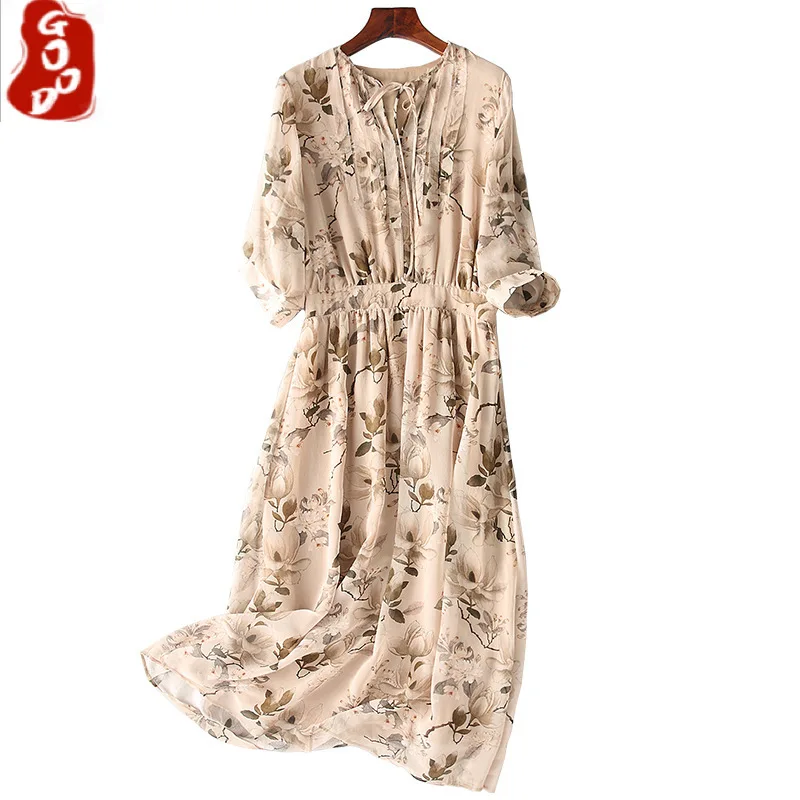 

Summer Dress Women Elegant Real Silk Dresses Ladies Vintage Beach Evening Party Dresses Korean Long Floral Vestidos S099