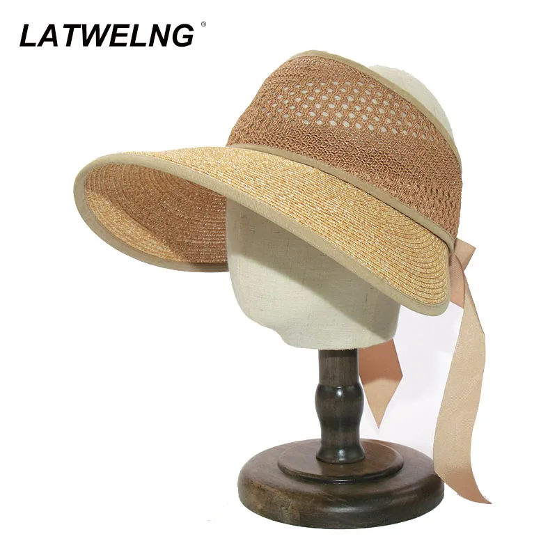 

New Breathable Big Brim Visor Sun Hats For Women Foldable Beach Hats Travel UV Protective empty Top Caps Roll Up Wholesale S1207