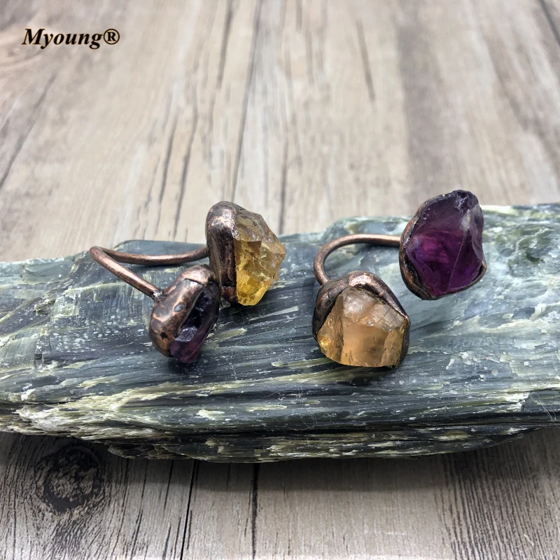 Кольца из натуральной меди с двойным кристаллом кварц аметист Цитрон античная