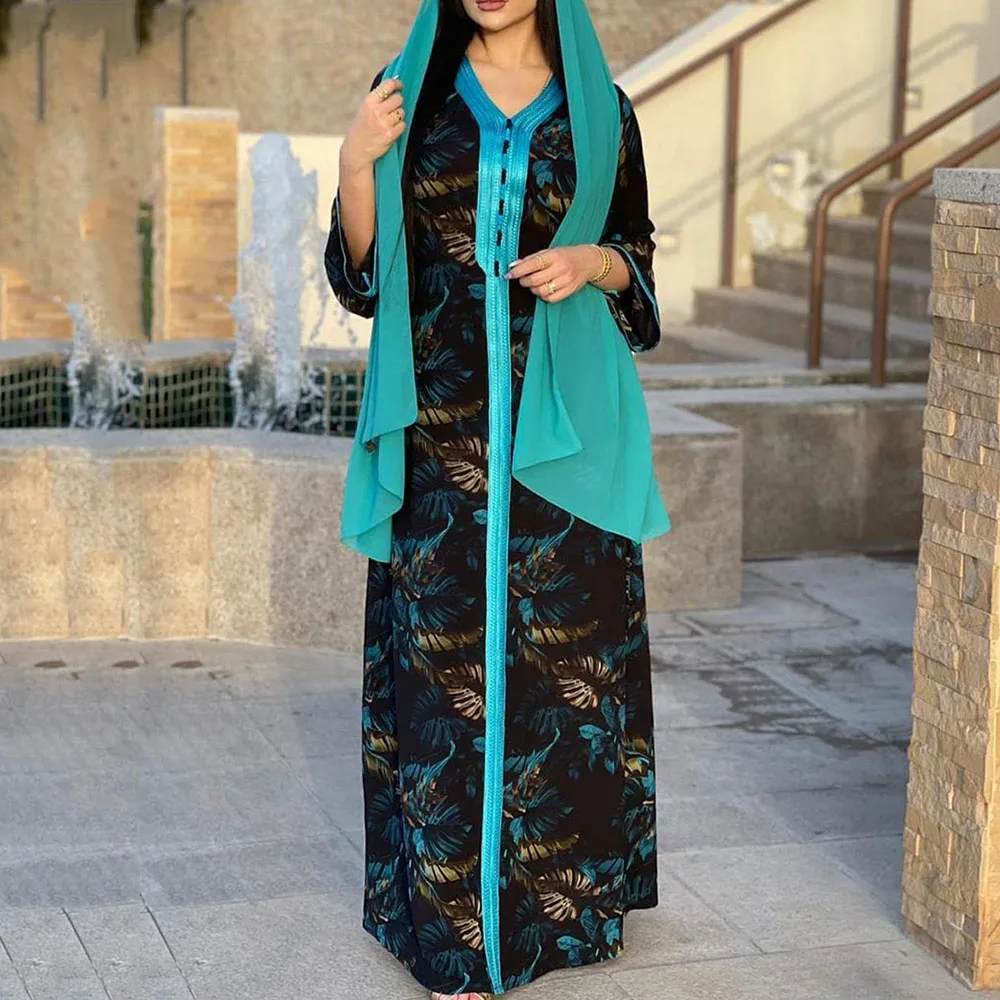 

2021 Summer New Middle East Arabic Robe Muslim Printing Fashion Women's Dress Loose Casual V-neck Long Sleeve
