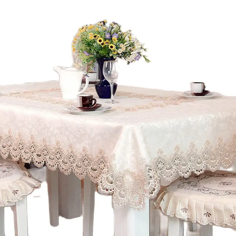 Элегантная скатерть из 100% полиэстера с вышивкой и кружевным краем круглый стол