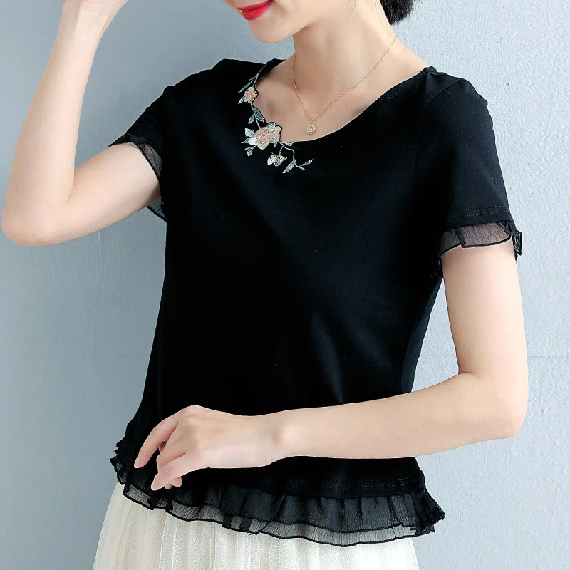 

2021 Summer New Cotton Women's T-Shirt Fashion Embroidered Flare Sleeve Tops Tees Plus Size M-4XL Female Blusas