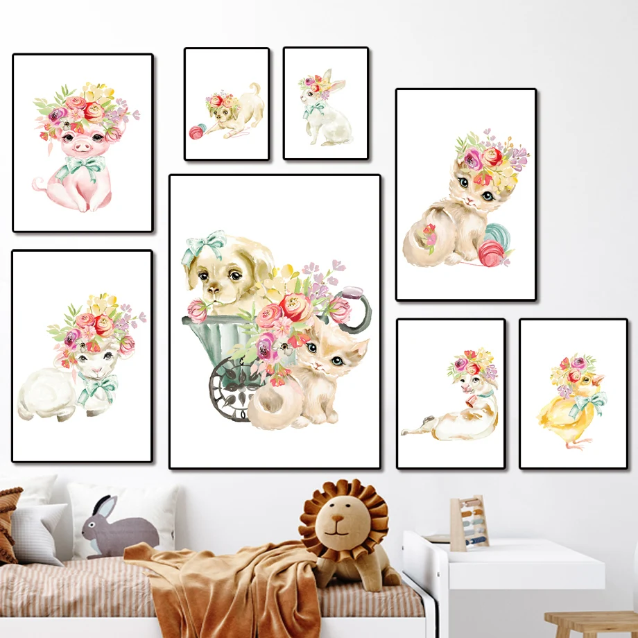 

Kawaii Kitten Puppy Piggy Chick Animals Wall Art Canvas Painting Nordic Posters And Prints Wall Pictures Kids Room Nursery Decor