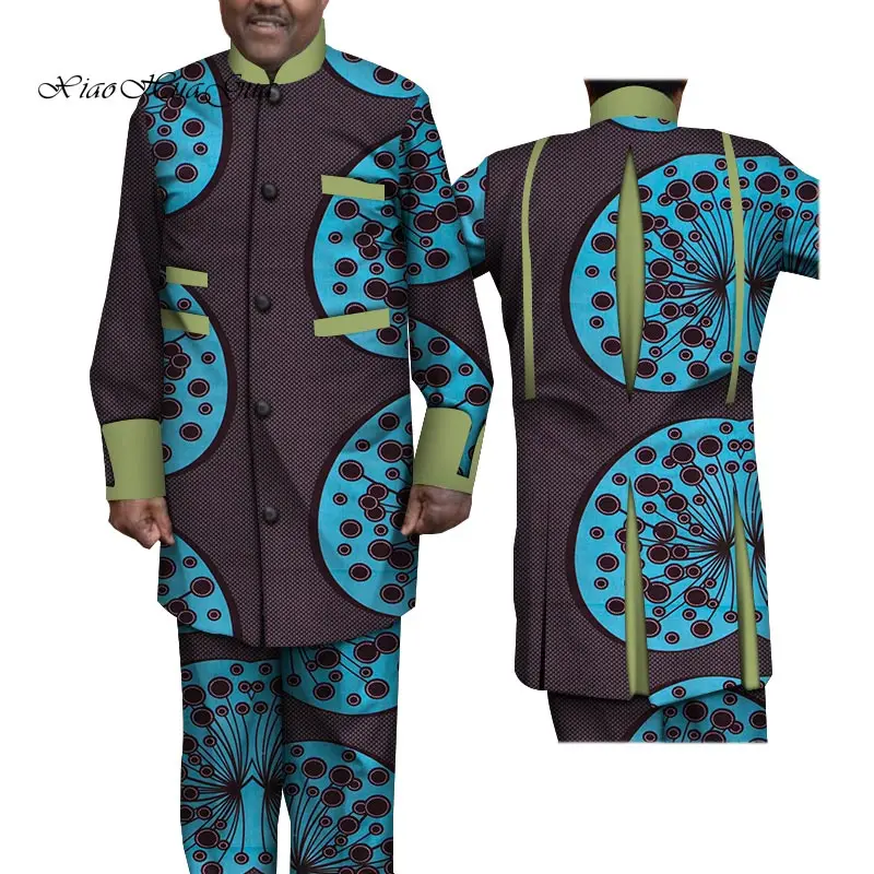 Дашики Мужская африканская одежда однобортный Топ рубашки и брюки наборы Bazin