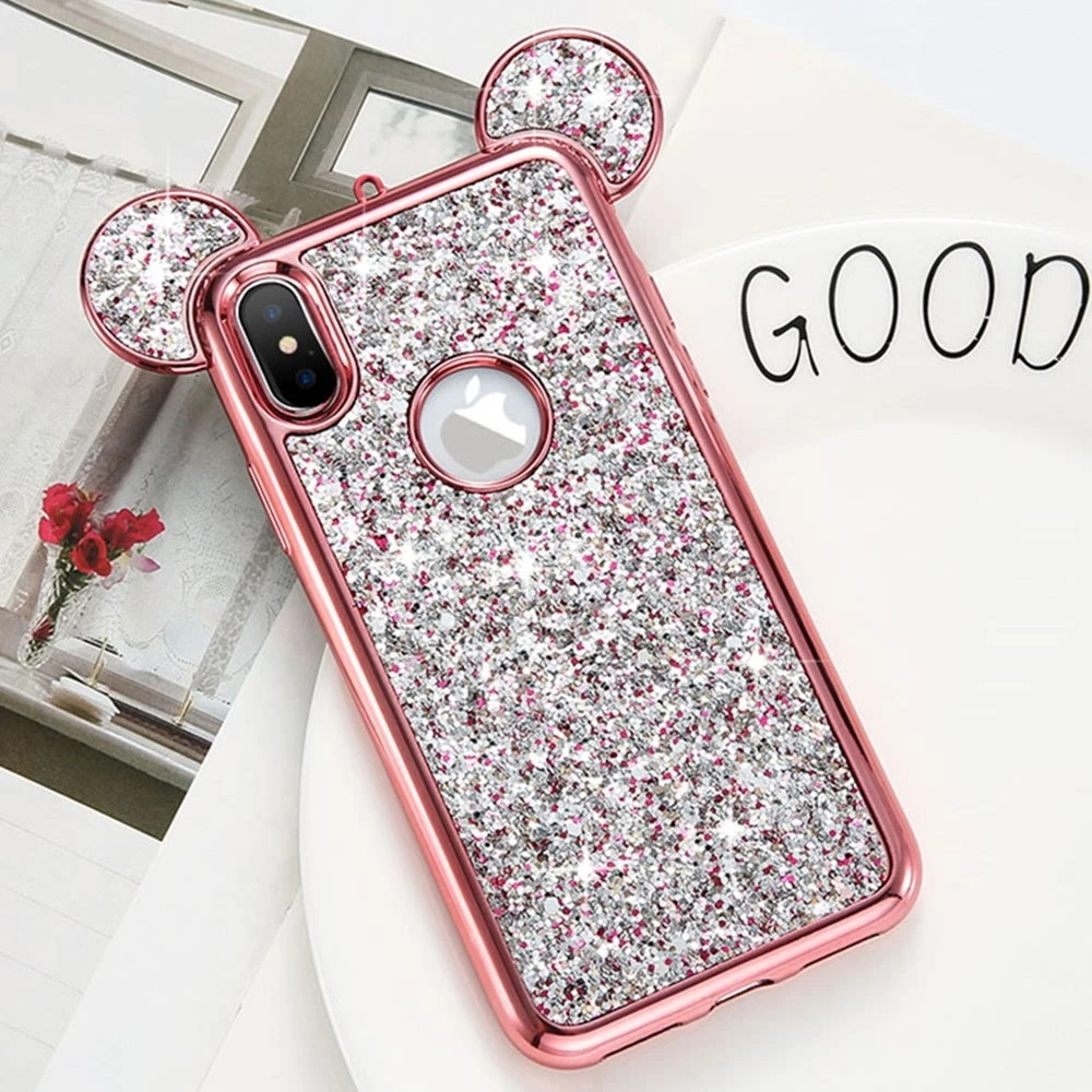 LAPOPNUT Bling Glitter Cover Diamond 3D Mouse Ears Slim Plating Phone Case for IPhone 11 Pro Xs Max X Xr 8 7 Plus 6 6s 5 5S SE | Мобильные