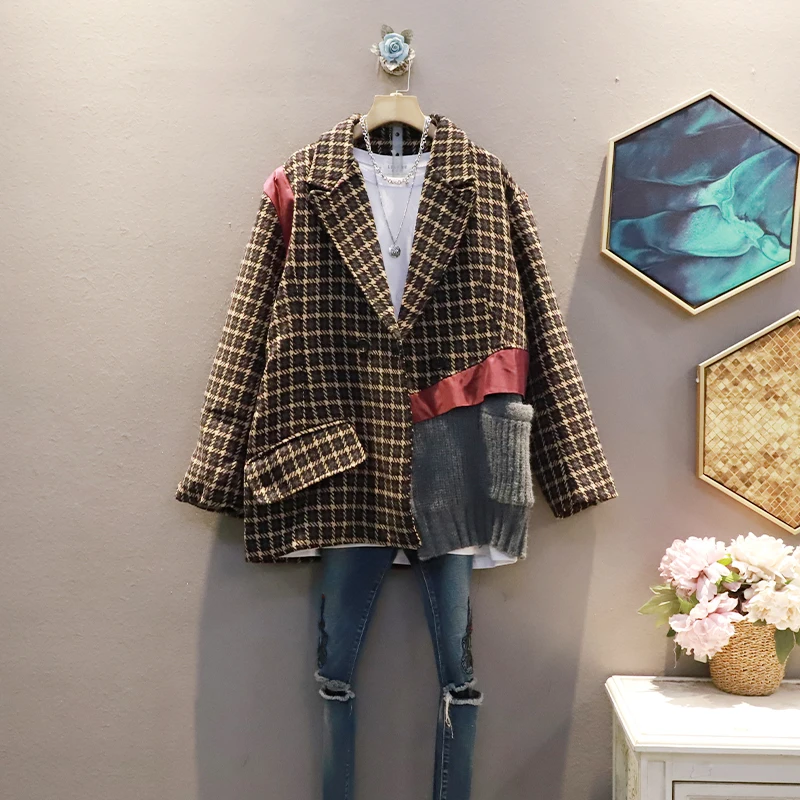 

SuperAen Autumn New Retro Fashion Plaid Back Patchwork Knitted Loose Plus Size Notched Suit Coat Woman Jacket