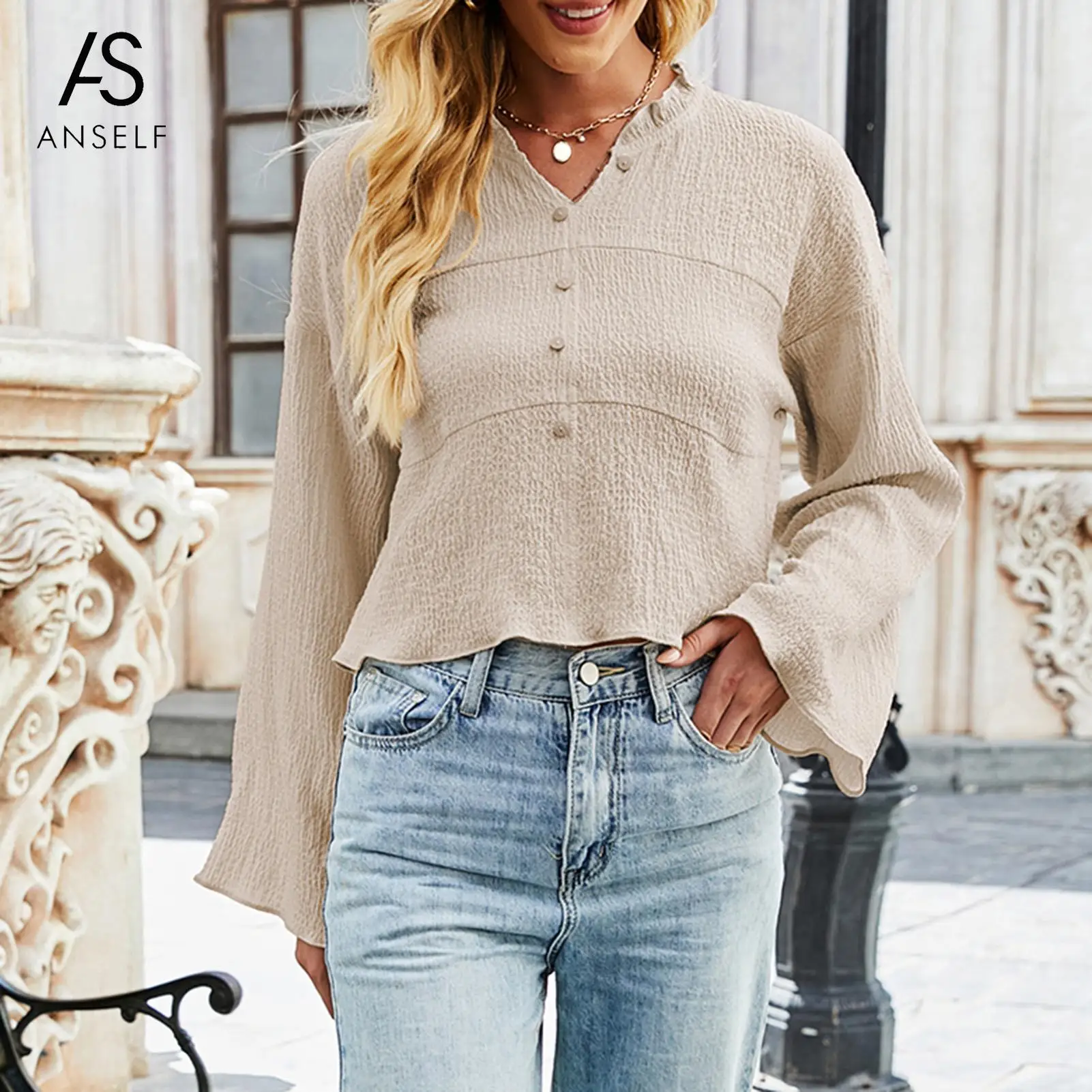 

ANSELF Fashion Women Blouse 2021 Ruffled V Neck Buttoned Shirt Tops Mujer Casual Loose Autumn Tops Blouses Beige