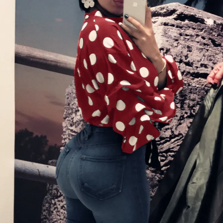 

Women Fashion Blouse Print Dot Lantern Sleeve Shirt Ladies Pullover Bow Tie Waist Top Office Lady Sweet O Neck Sumemr 2021 Hot