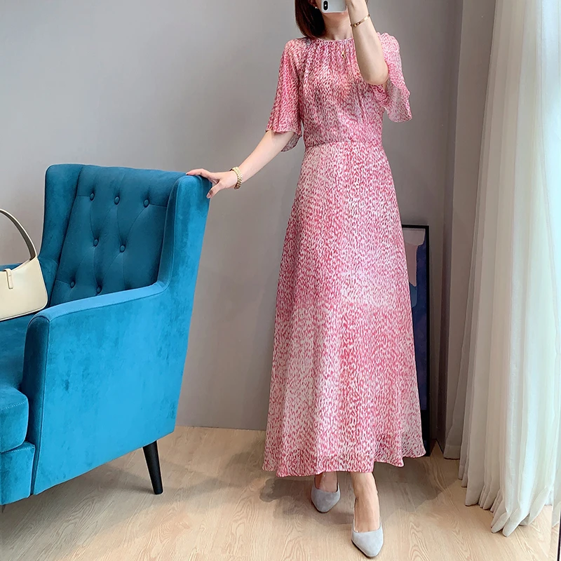 Pink Leopard Romantic  Flare Sleeves Silk Midi Dress UK 8-14 UK Elegant Fashion