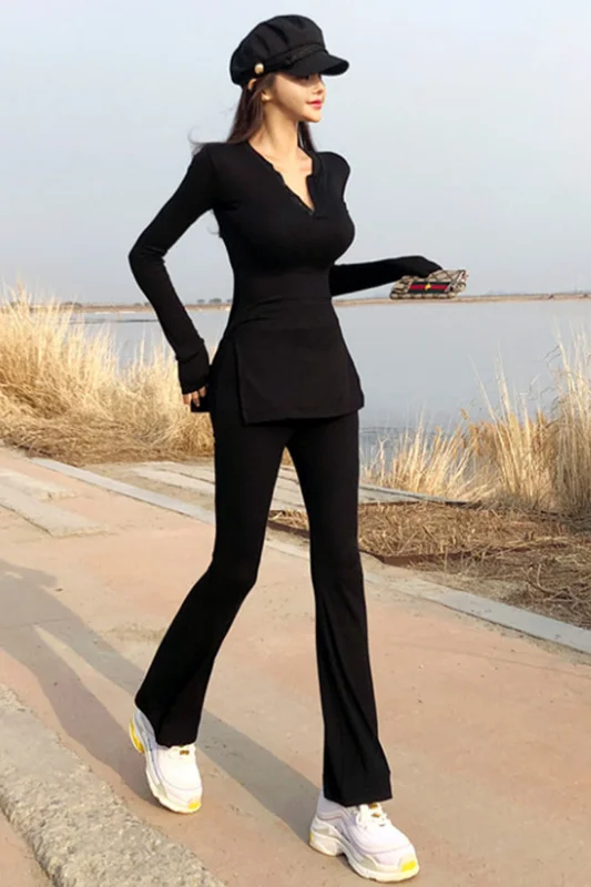 

2020 Promotion Cotton Full V-neck New Suit Female Slim Fashion Casual Two-piece Sweater Wide Leg Flared Pants Two Sets Of