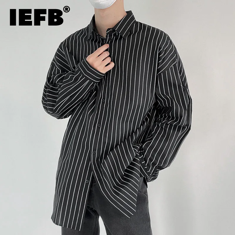 

Мужская одежда IEFB, корейская модная полосатая рубашка, мужская новая свободная однобортная Повседневная рубашка с лацканами и длинными рук...