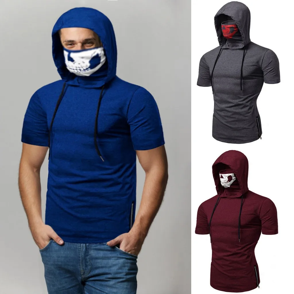 Футболка мужская с капюшоном модный однотонный пуловер маской свитшот топ 14