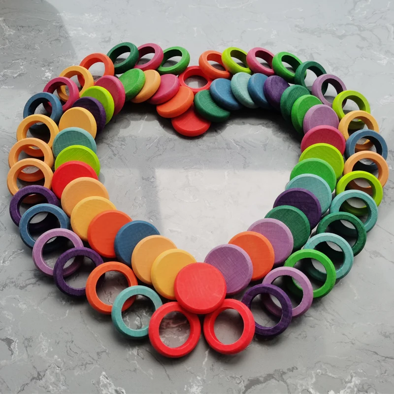 

12 colors Round piece of the puzzle Kids Wooden Toys Beech Rainbow Coins and Rings Stackable Nature Loose Parts Creative Toys