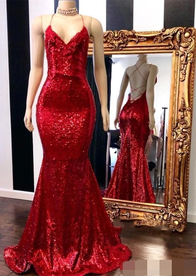 

Hot Shinning Sequins Red Mermaid Evening Dresses Sexy Criss Cross Backless robe de soiree Formal evening dress 2019 Prom Gown
