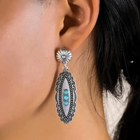 ethnic vintage turquoise matte silver leaf drop alloy earrings for women carved floral bohemian geometric natural stone jewelry