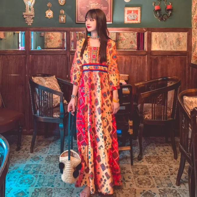 

Bohemian Ethnic Beach Dress Travel Vacation High-End Embroidery Full Sleeve Dress V-neck Slimming Temperament Maxi Dress Summer
