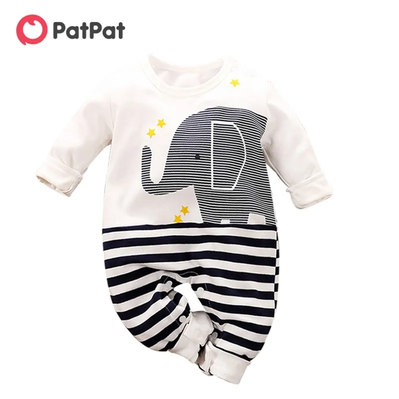 

PatPat 2021 New Spring and Autumn Casual Cotton Newborn Baby Clothes Crawling Suit Cute Elephant Pattern Jumpsuit Baby