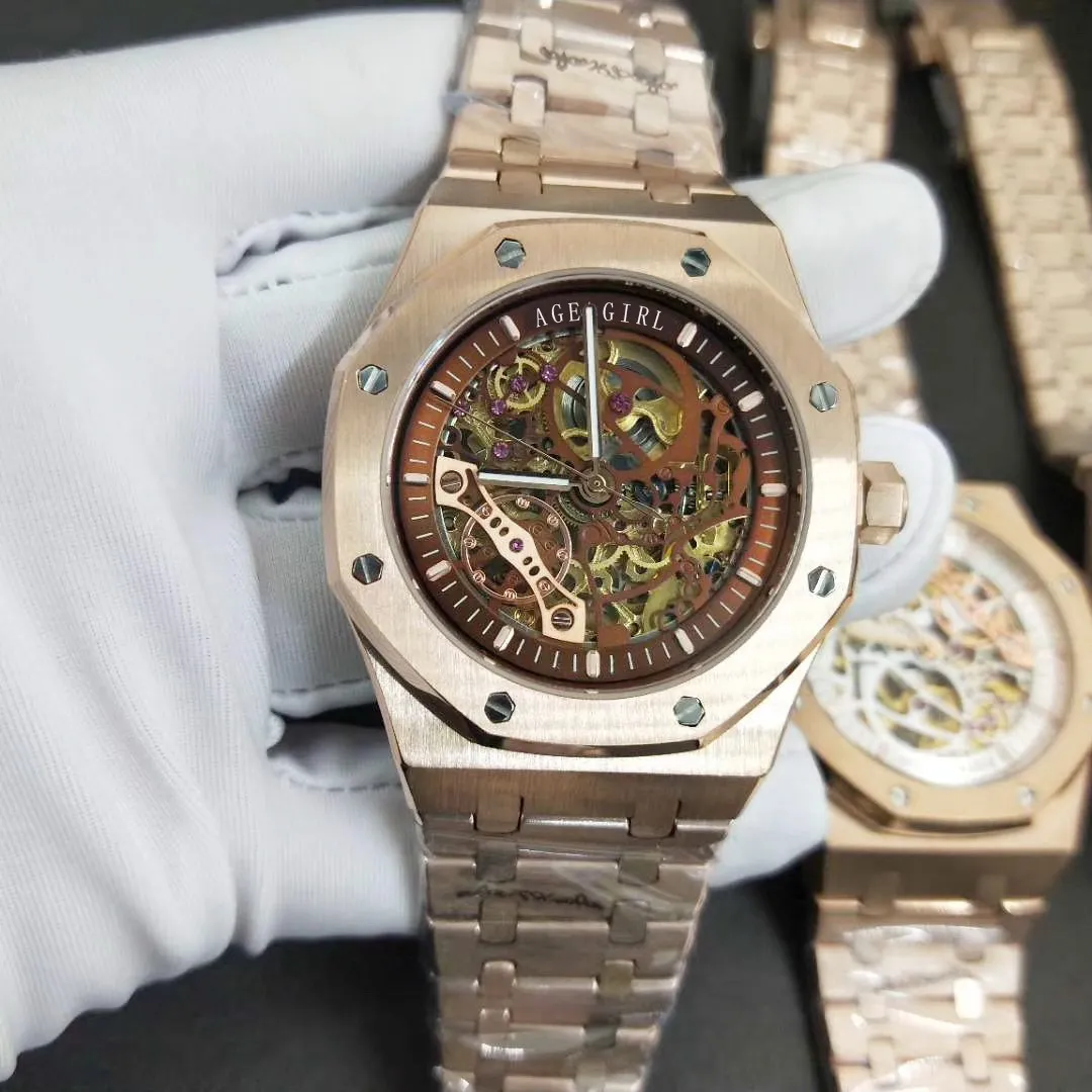 

Classic New Automatic Mechanical Men Watch Transparent Glass Back Skeleton Rose Gold Black Blue Coffee Tourbillion Watches