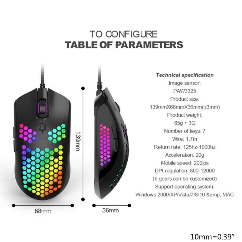 

M5 Hollow-out Honeycomb Shell Gaming Mouse Colorful RGB Backlit Light Wired Mice with 7 Buttons for Game Lovers