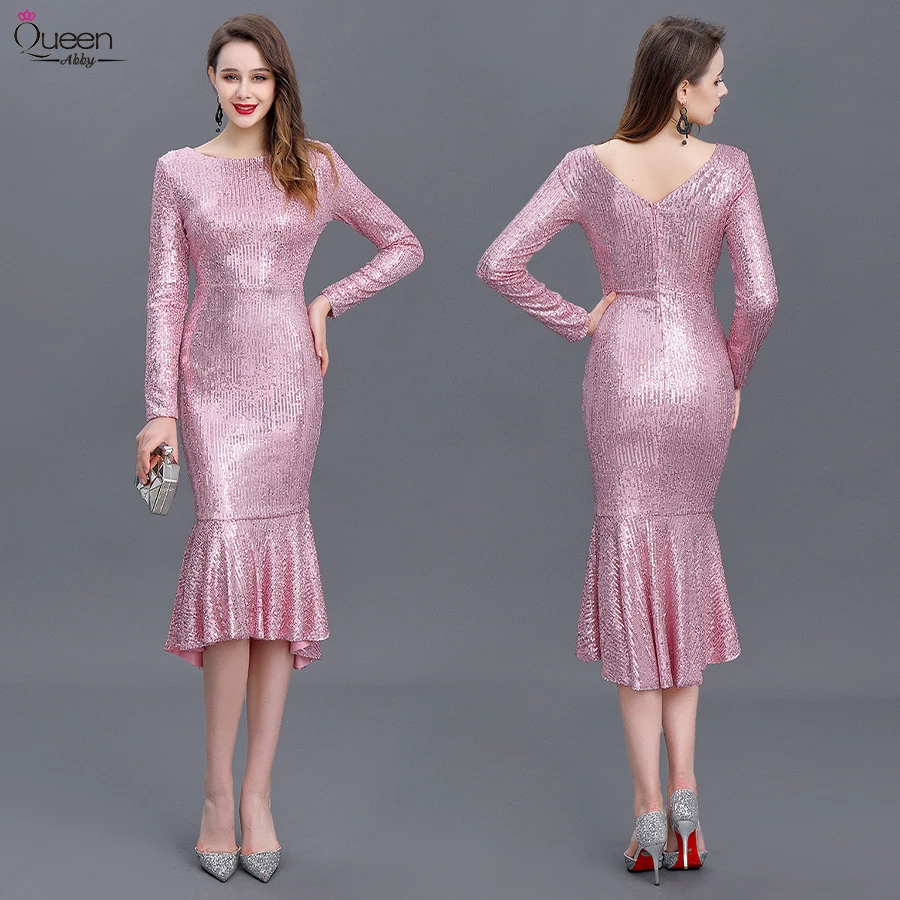 Розовое Коктейльное Платье русалка расшитое блестками длиной до колена с