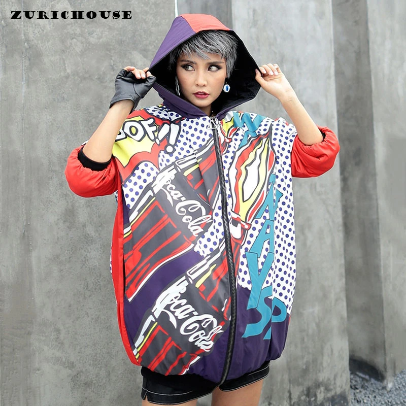 

Женская куртка с капюшоном ZURICHOUSE, зимняя парка большого размера в стиле хип-хоп, стильная верхняя одежда с принтом в стиле Харадзюку, 2021