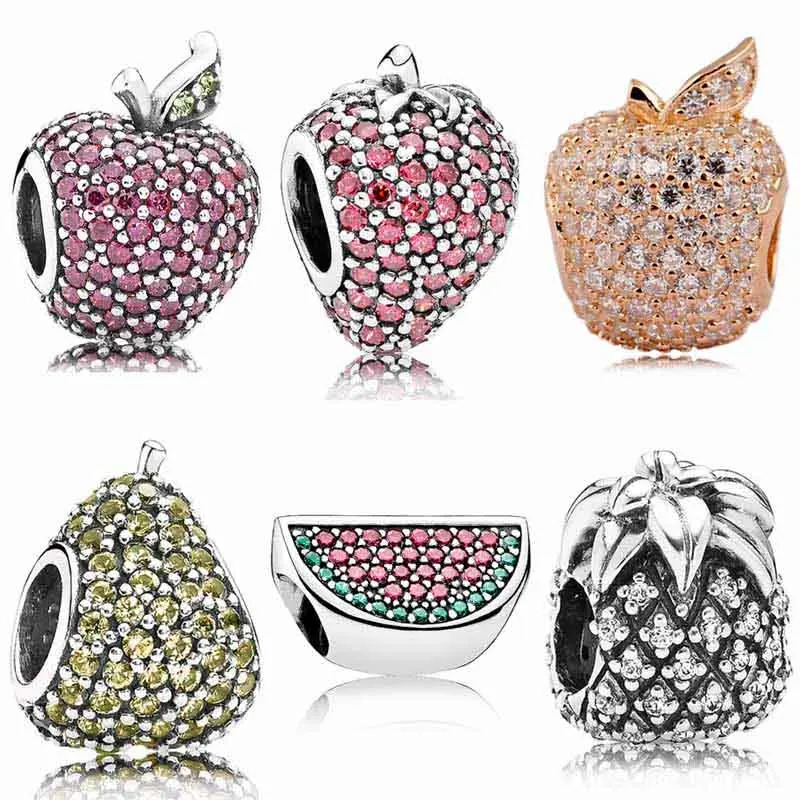 

Sparkling Pineapple Apple Watermelon Strawberry Whimsical Pear Charm 925 Sterling Silver Beads Fit pandora Bracelet Diy Jewelry