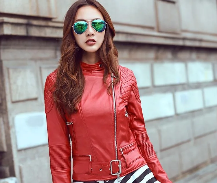 

Red Genuine Leather Women Slim Fur Jackets Cool Motorbiker Plus Size Female Sheep Skin Jacket