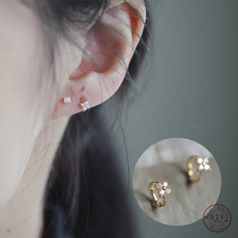 

925 Sterling Silver French Simple Pavé Crystal Flower Stud Earrings Women Light Luxury Temperament Goddess Jewelry Gift