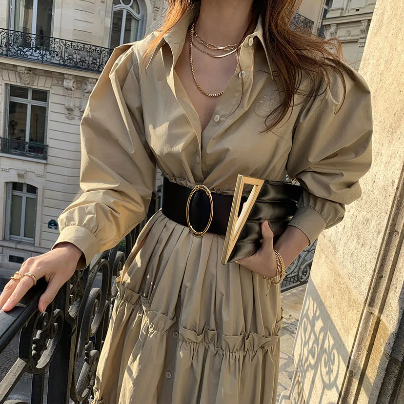 

2021 New French Elegant Women Maxi Ruffles Belt Dress Long Sleeve Turn Down Collar Solid A Line Dresses Female Chic Undefined