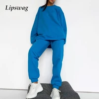 women tracksuit fleece solid two pieces sets long sleeve sweatshirt and joggers pants female suits casual loose sets streetwear