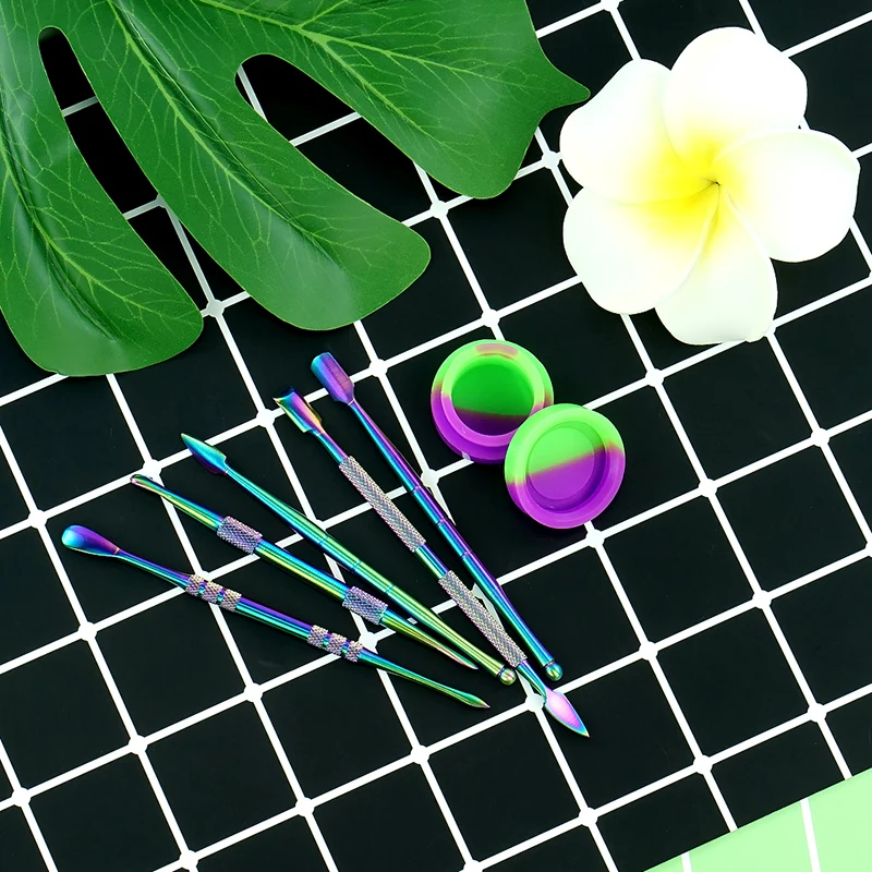

5pcs/Box Wax Carving Tool Stainless Steel Multifunctional Titanium Nail Spoon Dabber+5ml Silicone Container Smoking Accessories