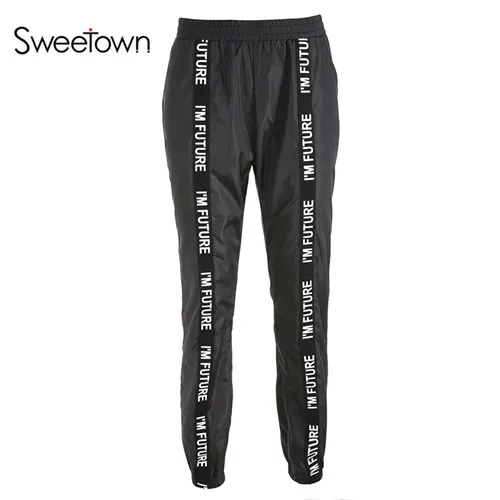 Черные спортивные штаны в полоску с надписью Sweetown, уличная одежда, повседневные мешковатые штаны для бега с высокой талией, женские спортивные штаны в стиле хип-хоп - Цвет: as picture