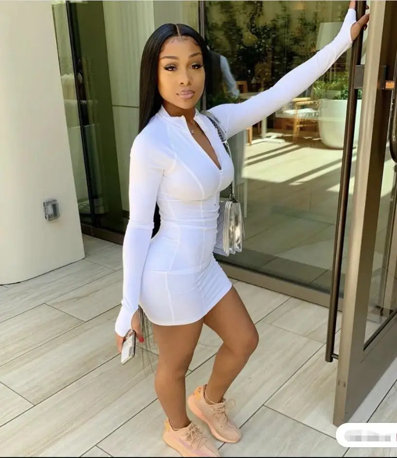

New Product 2020 Autumn Long-Sleeved White Color Bodycon Dress Zipper V-neck Slim Mini Dress Hot Party Dress