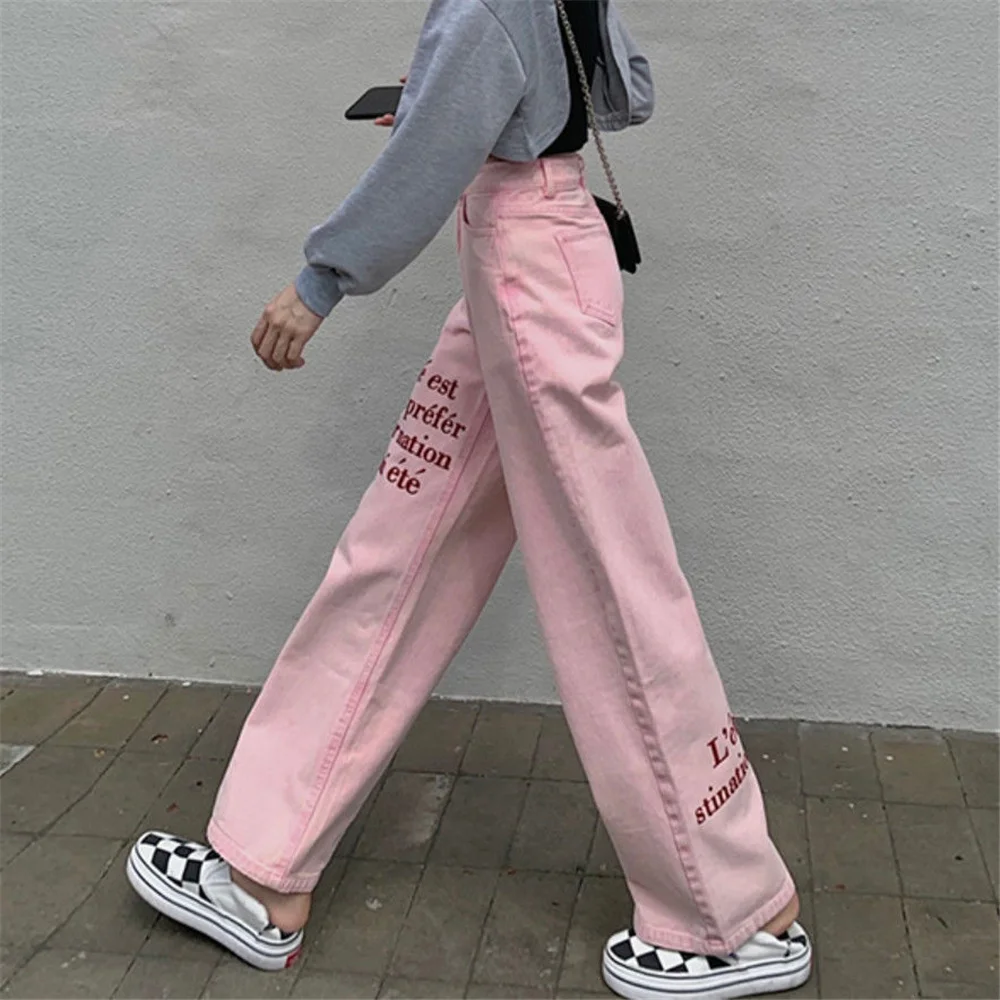 

DAILOU Female Vintage Printed Jeans Pink Y2K High Waist Sweatpants Casual Poackets Streetwear Summer Denim Pants Women Trousers
