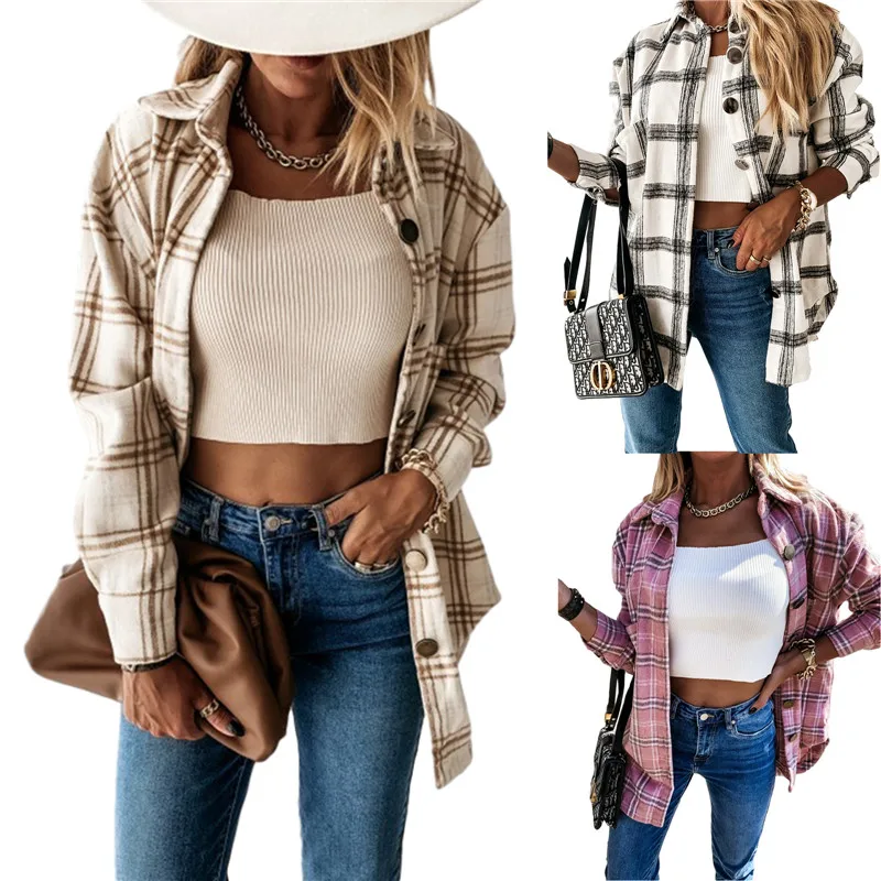 

Women Vintage Long Sleeve Lapel Plaid Shirt Pockets Coats Tops Shacket Casual Buttoned Cardigan Jackets Outerwear