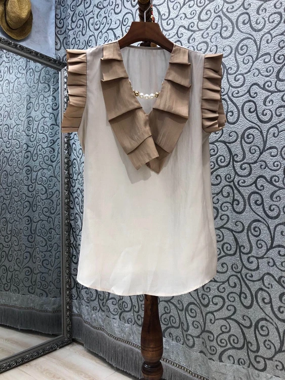 

2021 new women fashion leader color matching pleated trim all-match blouse 530