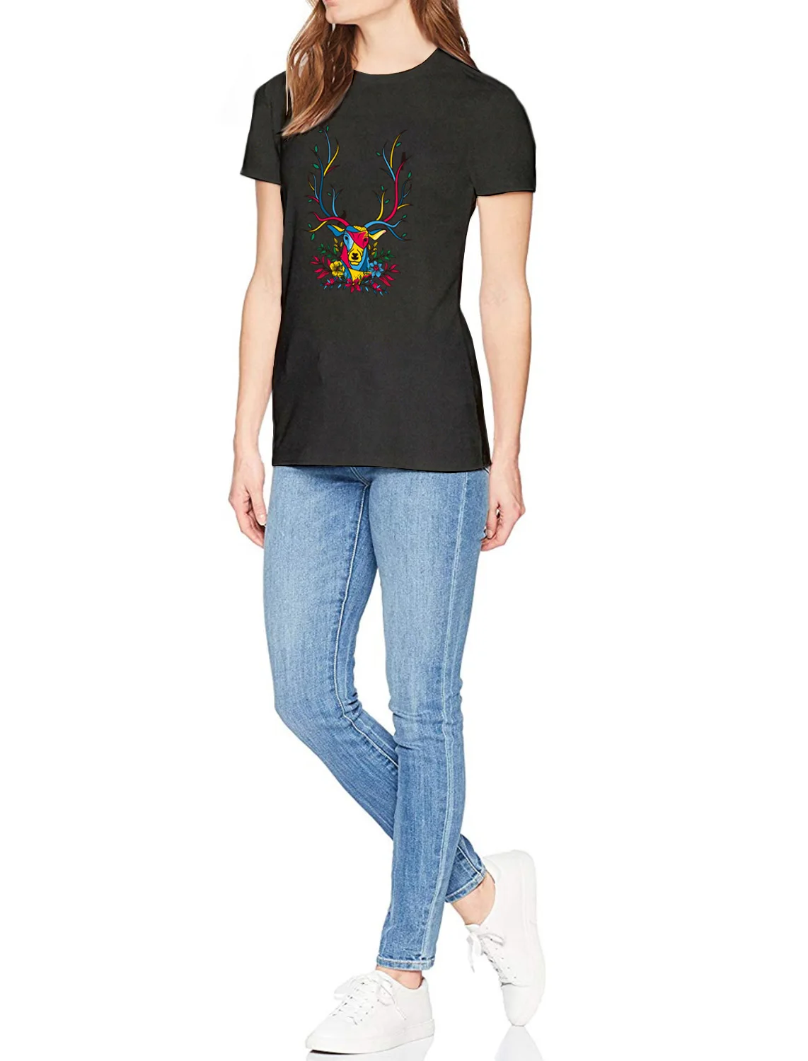 Женские футболки с принтом оленей леса Листьев черного серого и белого цветов