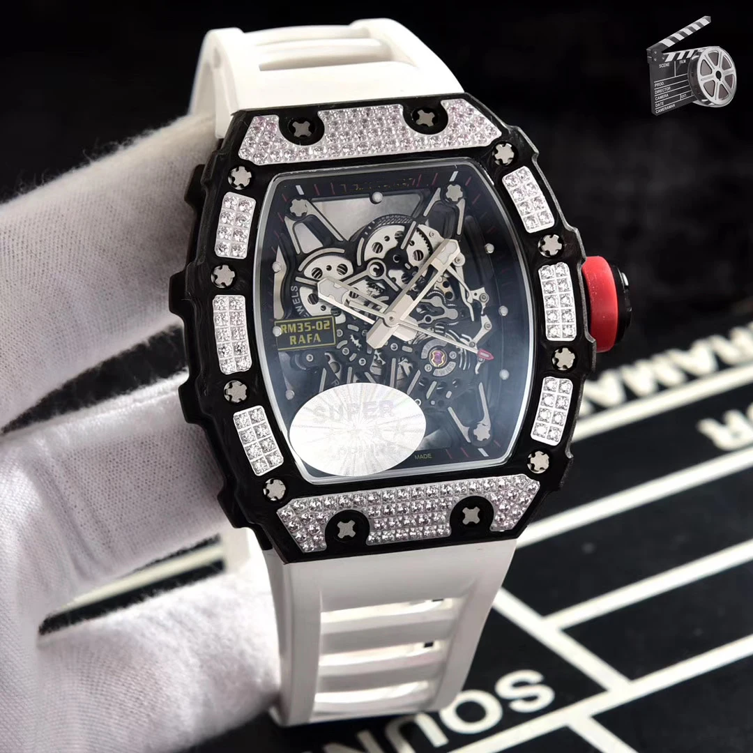 

Classic New Men Automatic Mechanical Silver Rose Gold Diamonds Bezel Red Black Rubber Skeleton Watch Carbon Fiber Limited