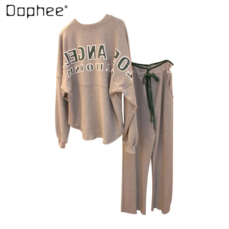 

Женский Свободный свитшот на завязках, с буквенным принтом, брюки с широкими штанинами, костюм из двух предметов, весна-осень 2021