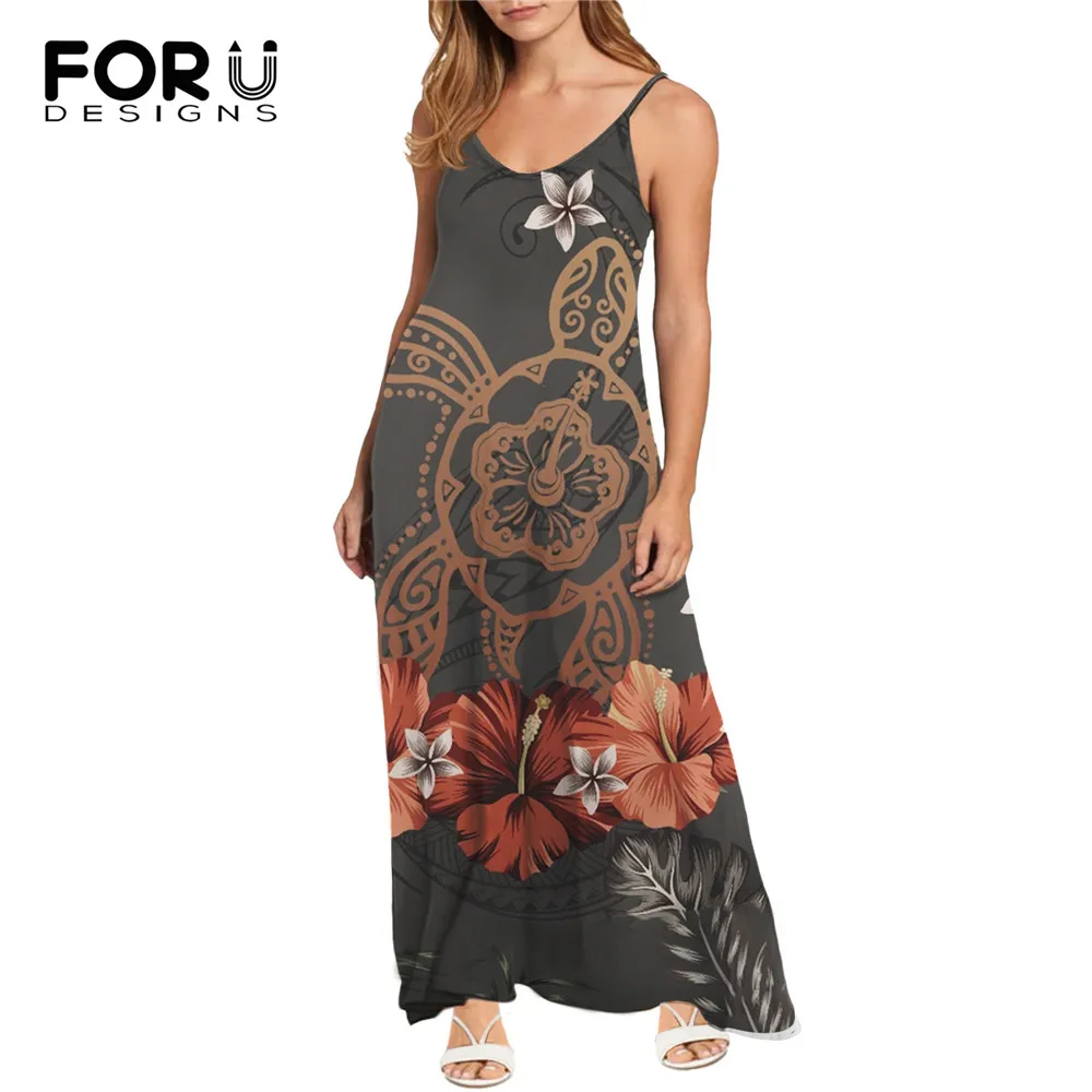 

Винтажное платье FORUDESIGNS для женщин, Гавайские цветочные и принтованные черепахи, дамские платья макси без рукавов на бретелях-спагетти, пла...
