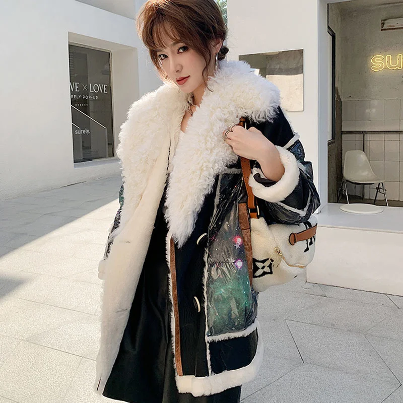

SHZQ Women Coat Winter Patchwork Style New Fashion Natural Real Sheep Fur Down Jacket Starlight Pattern Thick Warm