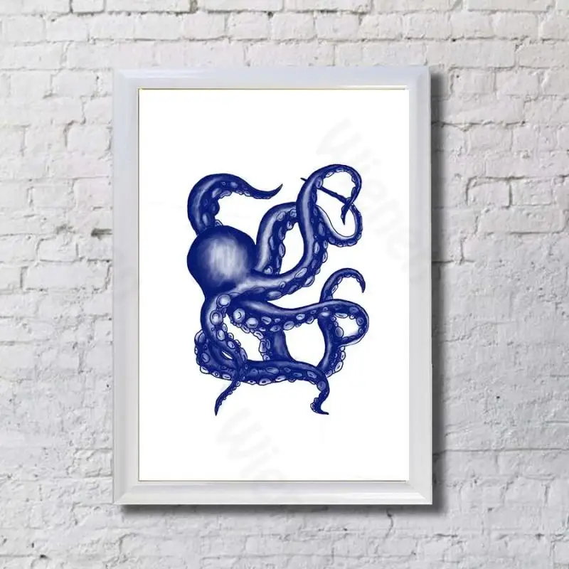 

Mediterranean Minimalist Decor Painting Nautical Sailboat Octopus Crab Canvas Print Wall Art Blue Picture Poster Bedroom Murals