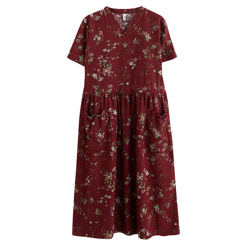 

COIGARSAM Cotton Linen Women dress Print Short Sleeve Loose V-Neck Dresses Navy Wine Red Brown 1109