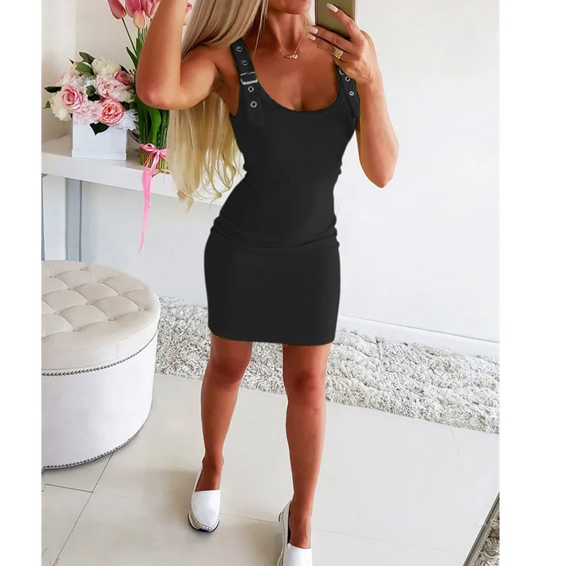 

2021 Sexy Low Cut Lace-up Pink Mini Dress Women Summer Solid Ribbed Knit Square Neck Sleeveless Vestidos Ladies Bodycon Dresses