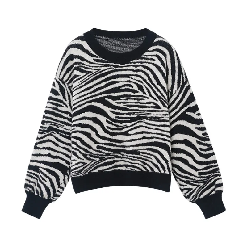 

Women Pullover Zebra Striped Elegant Ins Chic Loose Knitted Sweaters Female Simple Fashion All-match Korean Style Panelled Soft