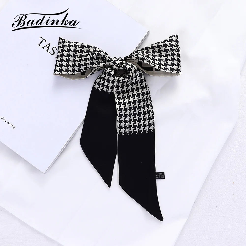 

Badinka 2022 New Designer Black White Houndstooth Hair Tie Scarf Bandana Women Floral Print Bag Strap Scarfs for Ladies Diademas