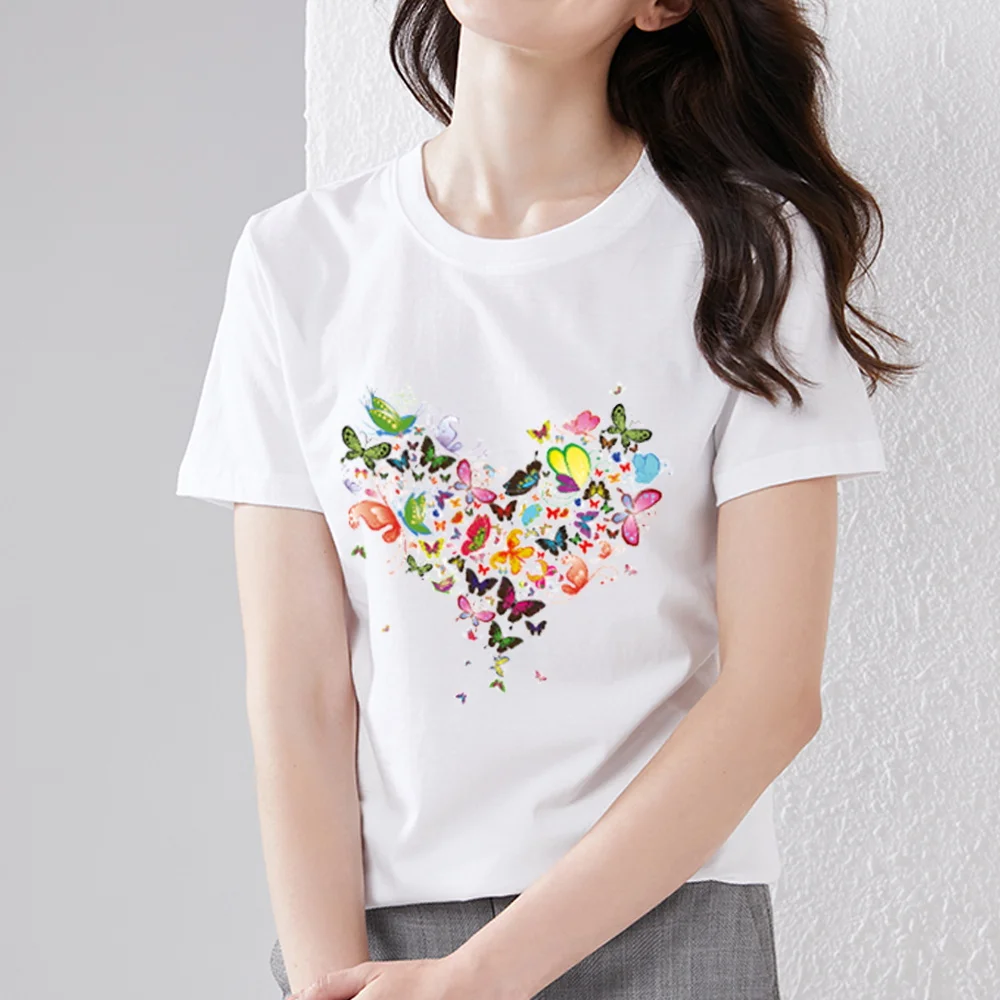 

Women's Commuter T-shirt Ladies Casual Ins Wind Butterfly Love Fashion Printed Polyester Blouse Comfortable O-neck Short Sleeves
